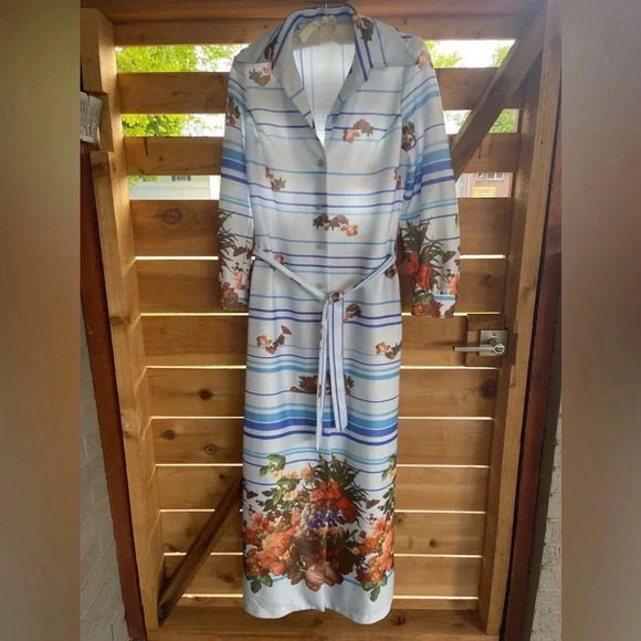 1970s Striped and Flowered Maxi Dress- Size Small - Picture 1 of 8